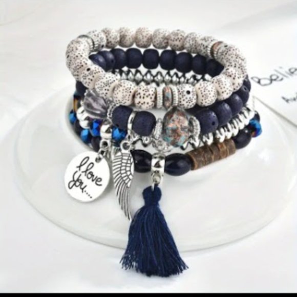 4 Pc Set Bohemian Style Creative Crystal Multilayer Stretching Bracelet Blue - Picture 1 of 2